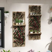 OUTSUNNY Wall Mounted Plant Stands Set of 2 with Shelves & Slatted Trellis in Natural