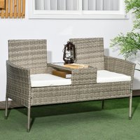 OUTSUNNY Rattan Garden Bench w/ Glass Tea Table, Wicker Chair w/ Cushions in Cream