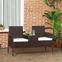 OUTSUNNY Rattan Garden Bench w/ Glass Tea Table, Wicker Chair w/ Cushions in Grey