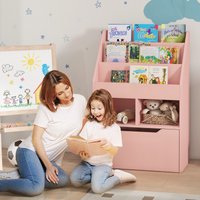 HOMCOM Kids Bookshelf Bookcase with Storage Drawer with Wheels Toy Organiser in Pink