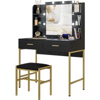 HOMCOM Makeup Vanity Desk Set with Lighted Mirror, Stool, Drawers, Black