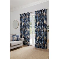 Dreams & Drapes 'Wisteria' Floral Print Pair of Eyelet Curtains in Navy | Size: 168 cm width x 137 cm drop