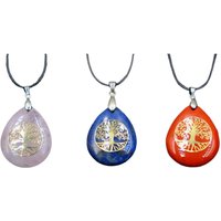 Lovii Natural Stone Teardrop Tree of Life Pendant Necklace with Leather Rope in Light Pink | Size: Standard