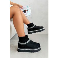 Love Lemonade Women's Sparkly Stretch Sock Warmer Mini Snugg Slipper Boots in Black | Size: 3