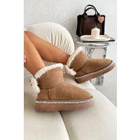Love Lemonade Women's Crystal Faux Fur Bow Snugg Boots in Brown | Size: 7