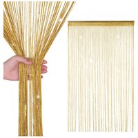 Neel Blue Glitter String Curtain Polyester Fringe Panel Spaghetti Tassel Curtain, 200cm x 90cm in Gold | Size: 200 cm x 90 cm