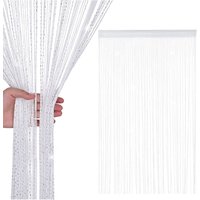 Neel Blue Glitter String Curtain Polyester Fringe Panel Spaghetti Tassel Curtain, 200cm x 90cm in White | Size: 200 cm x 90 cm