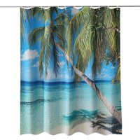 Neel Blue Beach Themed Shower Curtain with Hooks, Water Resistant Bathroom Curtains | Size: 180 cm width x 180 cm drop