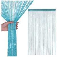 Neel Blue Glitter String Curtain Polyester Fringe Panel Spaghetti Tassel Curtain, 200cm x 90cm in Turquoise | Size: 200 cm x 90 cm