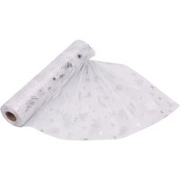 Neel Blue 25m x 29cm Organza Roll Snow Sheer Glitter Fabric with Christmas Tree & Snowflakes Design in Silver | Size: 25m x 29 cm