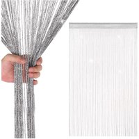 Neel Blue Glitter String Curtain Panel, Polyester Spaghetti Tassel, 200cm x 100cm in Silver | Size: 100 cm width x 200 cm drop