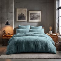 Snug City Teddy Bear Fleece Soft Cosy Duvet Cover + Pillow Case Set in Duck Egg Blue | Size: Double