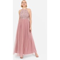 Maya Deluxe Women's Embellished Halter Neck Maxi Dress in Dusty Pink | Size: 24