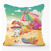 Warren Reed - Designer Kitten On A Beach Holiday Outdoor Cushion in Yellow | Size: 45 cm x 45 cm