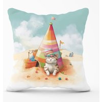 Warren Reed - Designer Cat On A Beach Holiday Outdoor Cushion in Yellow | Size: 45 cm x 45 cm