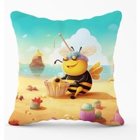 Warren Reed - Designer Bumblebee On A Beach Holiday Outdoor Cushion in Yellow | Size: 45 cm x 45 cm
