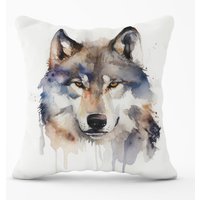 Warren Reed - Designer Wolf Watercolour Outdoor Cushion in Brown | Size: 60 cm x 60 cm