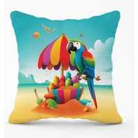 Warren Reed - Designer Parrot On A Beach Holiday Outdoor Cushion in Yellow | Size: 60 cm x 60 cm