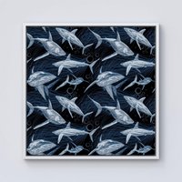 Warren Reed - Designer Hand Drawn Shark Pattern Framed Canvas in Off-White | Size: W16" x H16"
