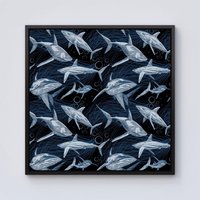 Warren Reed - Designer Hand Drawn Shark Pattern Framed Canvas in Black | Size: W30" x H30"