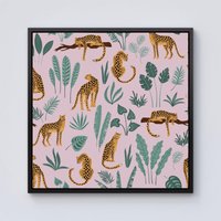 Warren Reed - Designer Hand Drawn Leopards Framed Canvas in Black | Size: W16" x H16"