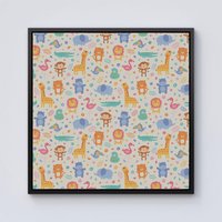 Warren Reed - Designer Cute Pastel Jungle Animals Framed Canvas in Black | Size: w40 inch x h40 inch