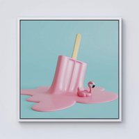 Warren Reed - Designer Flamingo Ice Cream Framed Canvas in Off-White | Size: w10 inch x h10 inch