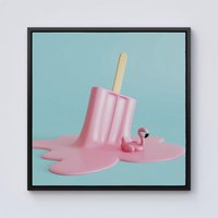 Warren Reed - Designer Flamingo Ice Cream Framed Canvas in Black | Size: w10 inch x h10 inch