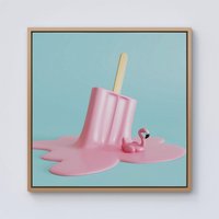 Warren Reed - Designer Flamingo Ice Cream Framed Canvas in Light Brown | Size: w40 inch x h40 inch