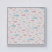 Warren Reed - Designer Hand Drawn Swimming Fish Framed Canvas in Off-White | Size: w10 inch x h10 inch