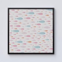 Warren Reed - Designer Hand Drawn Swimming Fish Framed Canvas in Black | Size: W30" x H30"