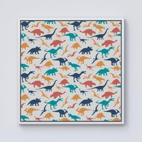 Warren Reed - Designer Multicoloured Dinosaurs Framed Canvas in Off-White | Size: w10 inch x h10 inch