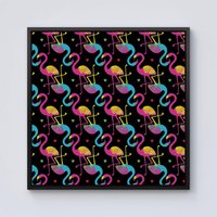 Warren Reed - Designer Vivid Flamingo Pattern Framed Canvas in Black | Size: W30" x H30"