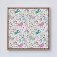 Warren Reed - Designer Unicorn & Rainbows Framed Canvas in Light Brown | Size: W16" x H16"