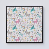 Warren Reed - Designer Unicorn & Rainbows Framed Canvas in Black | Size: W30" x H30"