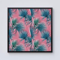 Warren Reed - Designer Pink Green Fan Palms Framed Canvas in Black | Size: W16" x H16"