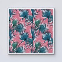 Warren Reed - Designer Pink Green Fan Palms Framed Canvas in Off-White | Size: w40 inch x h40 inch
