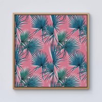 Warren Reed - Designer Pink Green Fan Palms Framed Canvas in Light Brown | Size: w40 inch x h40 inch