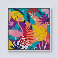 Warren Reed - Designer Tropical Flamingoes Framed Canvas in Off-White | Size: w10 inch x h10 inch