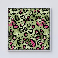 Warren Reed - Designer Green & Pink Leopard Print Framed Canvas in Off-White | Size: W30" x H30"
