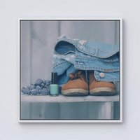 Warren Reed - Designer Shoes On The Bench Framed Canvas in Off-White | Size: w10 inch x h10 inch