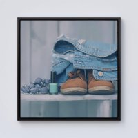 Warren Reed - Designer Shoes On The Bench Framed Canvas in Black | Size: w10 inch x h10 inch