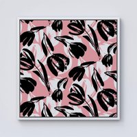 Warren Reed - Designer Nature Flat Spring Flower Motif In Pink & Black Color Framed Canvas in Off-White | Size: w10 inch x h10 inch
