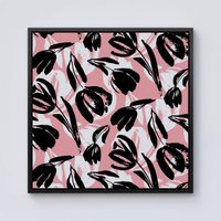 Warren Reed - Designer Nature Flat Spring Flower Motif In Pink & Black Color Framed Canvas | Size: w10 inch x h10 inch