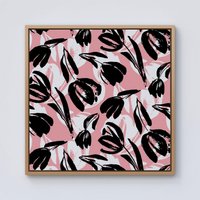Warren Reed - Designer Nature Flat Spring Flower Motif In Pink & Black Color Framed Canvas in Light Brown | Size: W30" x H30"