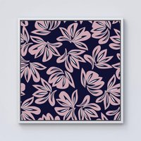 Warren Reed - Designer Pink Navy Floral Botanical Pattern Framed Canvas in Off-White | Size: w40 inch x h40 inch