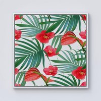 Warren Reed - Designer Tropical Flowers & Palm Leaves Hawaiian Framed Canvas in Off-White | Size: W16" x H16"