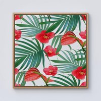 Warren Reed - Designer Tropical Flowers & Palm Leaves Hawaiian Framed Canvas in Light Brown | Size: W16" x H16"