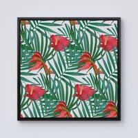 Warren Reed - Designer Tropical Flowers & Palm Leaves Framed Canvas in Black | Size: W30" x H30"