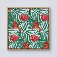 Warren Reed - Designer Tropical Flowers & Palm Leaves Framed Canvas in Light Brown | Size: W30" x H30"